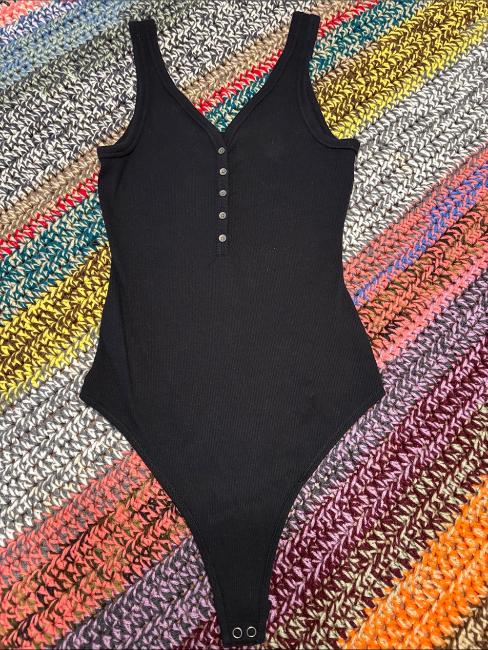 Abercrombie & Fitch Black Ribbed Button-Front One-Piece Bodysuit Sz M